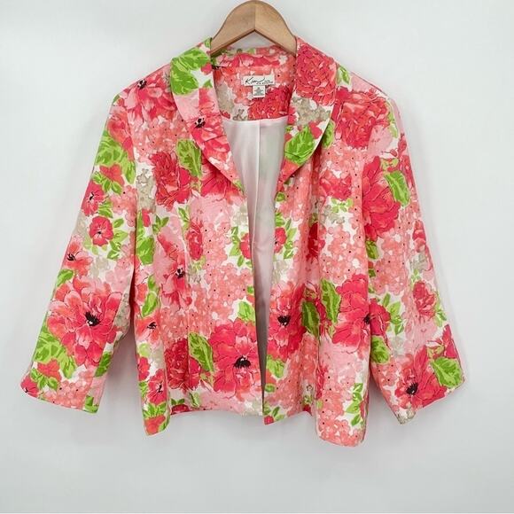Kim Rogers Petite 100% linen pink floral open front lightweight blazer jacket L - Picture 8 of 8